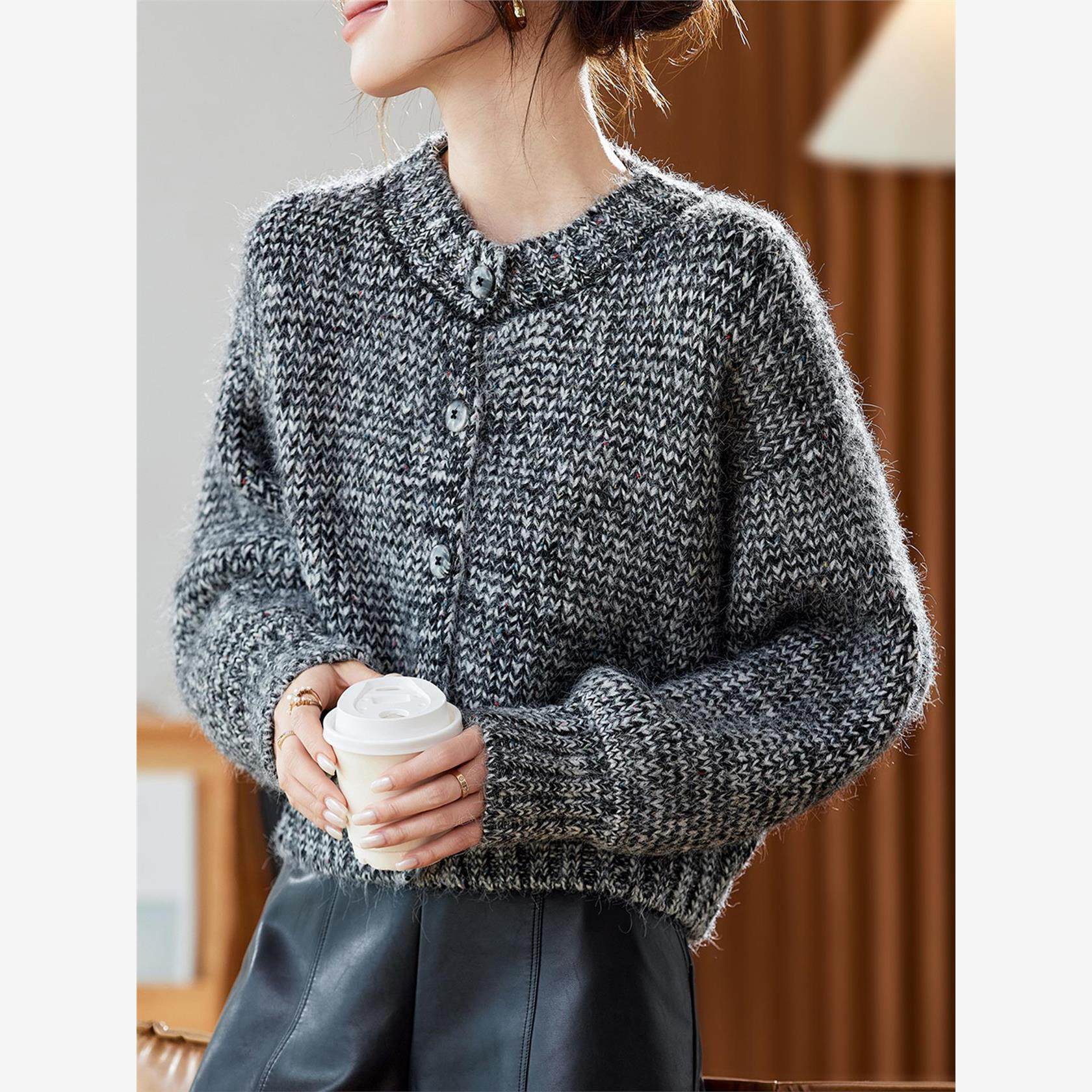 小个子粗针花纱短款针织开衫女秋冬宽松慵懒风毛衣外套高级感上衣