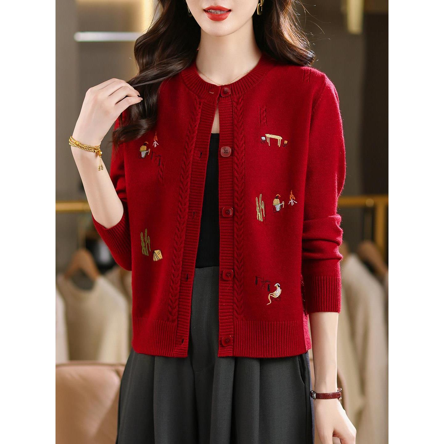 高端刺绣圆领针织开衫女长袖春秋款宽松显瘦薄款毛衣外搭上衣外套