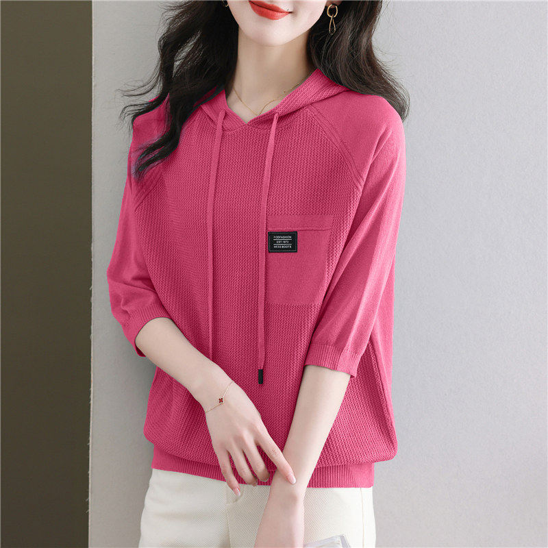 七分袖冰丝针织衫T恤女2025新款洋派短款打底衫夏季中袖连帽运动