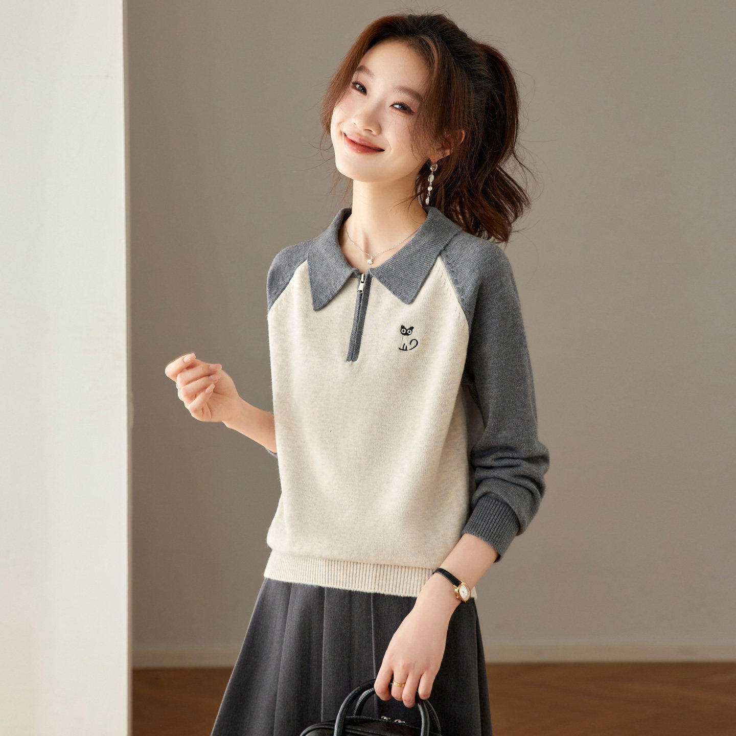 撞色软糯套头毛衣女秋冬2
