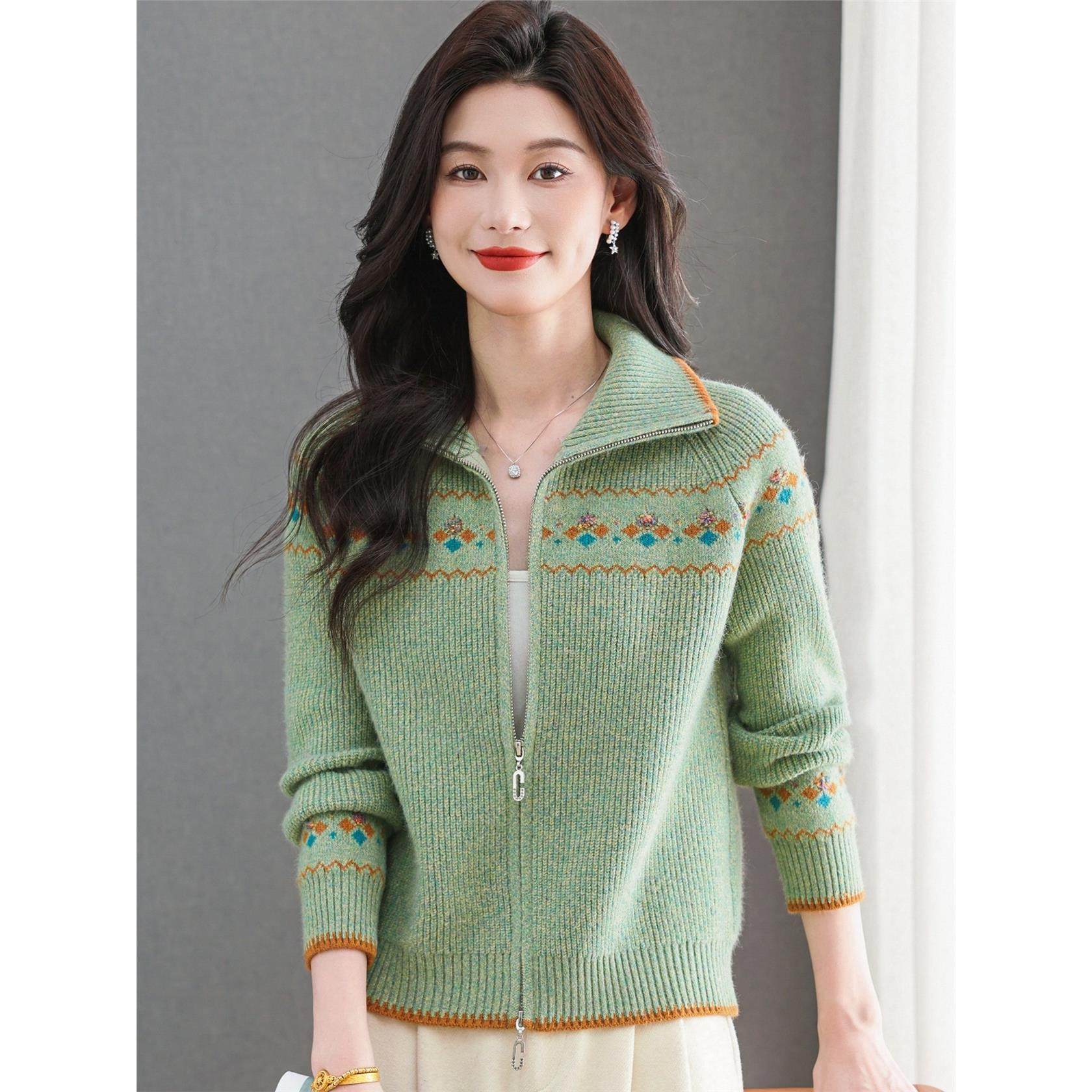 翻领时尚针织开衫女春秋新款洋气拉炼漂亮毛衣外套覆古提花上衣冬,女装/女士精品,毛针织衫,淘宝优惠券,粉丝福利购,淘宝优惠卷