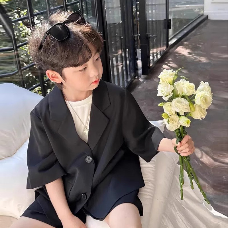 男童西装短裤套装夏季痞帅风花童男宝生日礼服休闲黑色儿童小西服