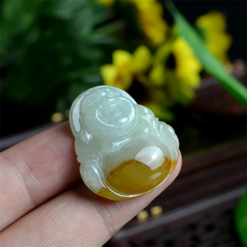 正品A货缅甸天然翡翠大肚开口笑弥勒佛吊坠冰润带黄翡高品质玉佛