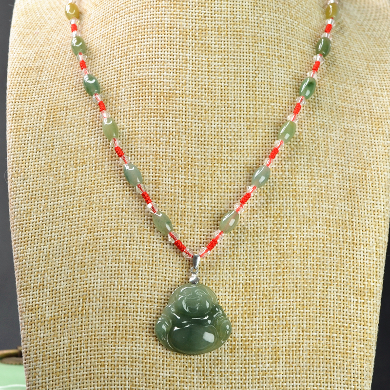 天然翡翠佛吊坠缅甸玉佛挂件女款项链玉弥勒佛公手工编织时尚饰品