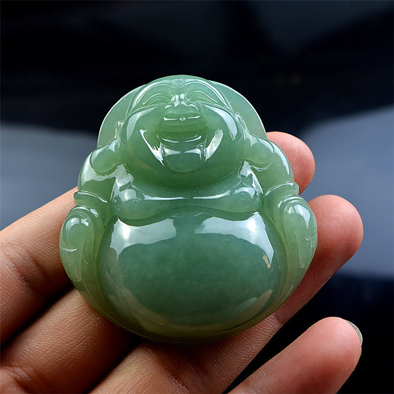 A货缅甸天然翡翠大肚开口笑玉佛吊坠带翠高品质笑佛