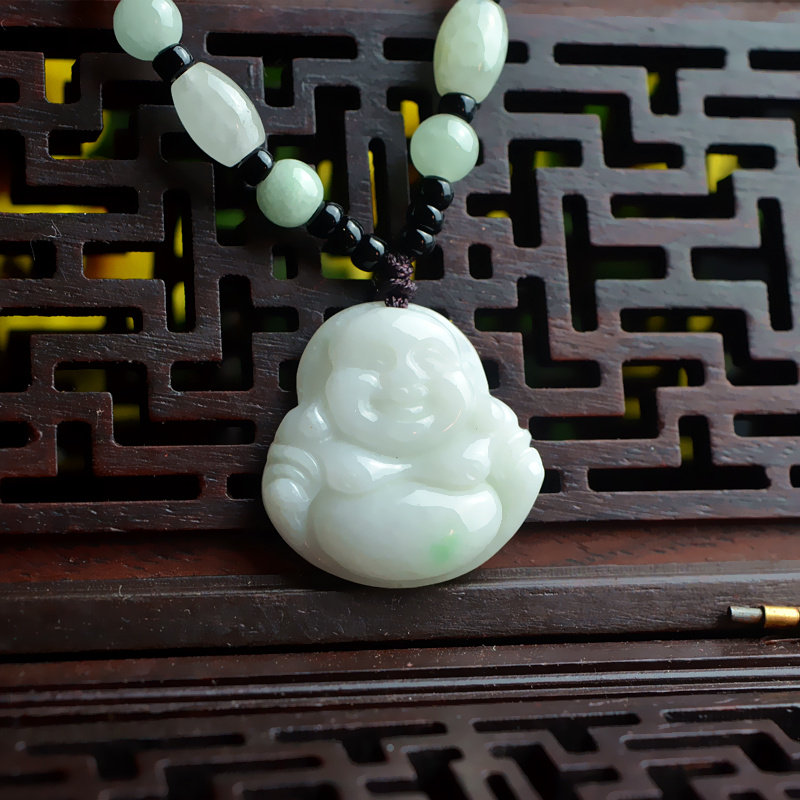 A货天然翡翠玉佛吊坠糯种带翠大肚开口笑弥勒佛挂坠带证书