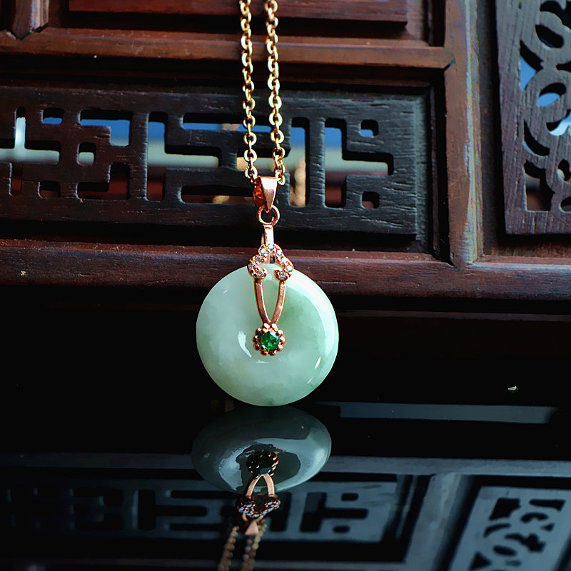 A货缅甸天然翡翠花件玉扣吊坠糯种飘花岁岁平安小玉扣带证书