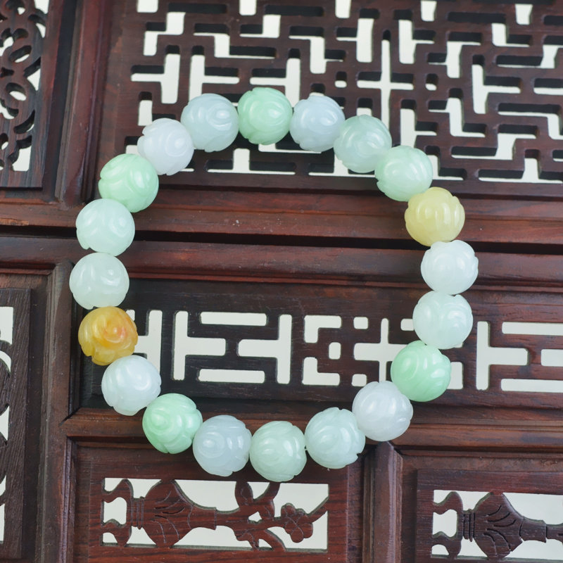 天然翡翠A货冰糯种多彩三彩莲花手链手镯手链玉器女款生日礼物