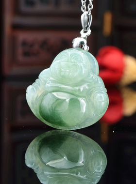 天然a货翡翠佛吊坠女款缅甸玉佛挂件飘花翡翠大肚佛公挂坠10623