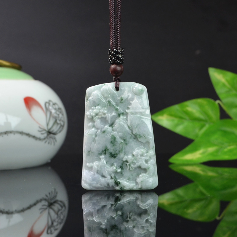 天然飘绿翡翠方牌挂件A货缅甸玉鹿吊坠福禄寿玉佩花件一路有你