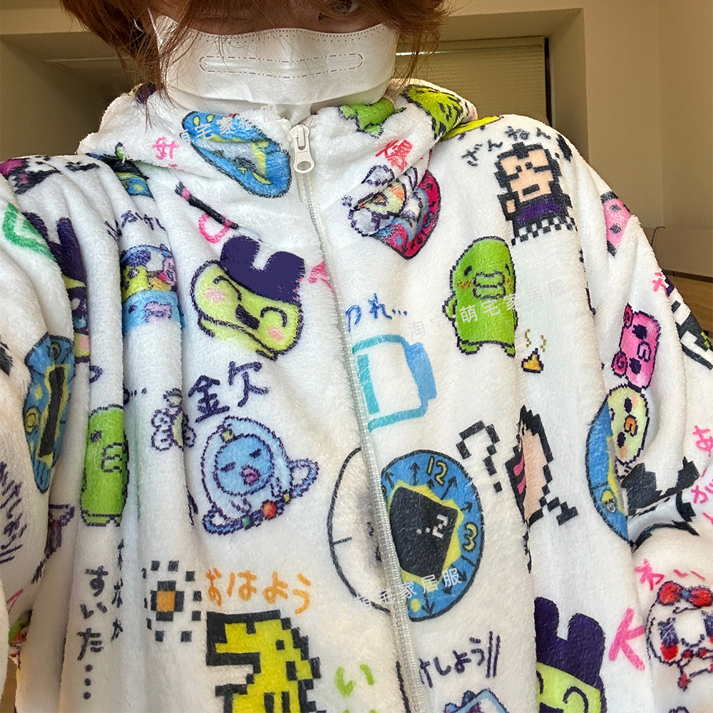 拓麻歌子睡衣女冬季新款法兰绒加厚保暖连帽拉链家居服套装可外穿