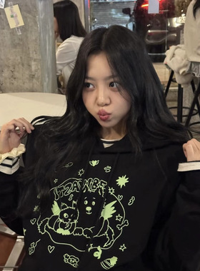 韩国小众itzavibe李帝努金延佑卡通可爱猫咪印花原宿慵懒连帽卫衣