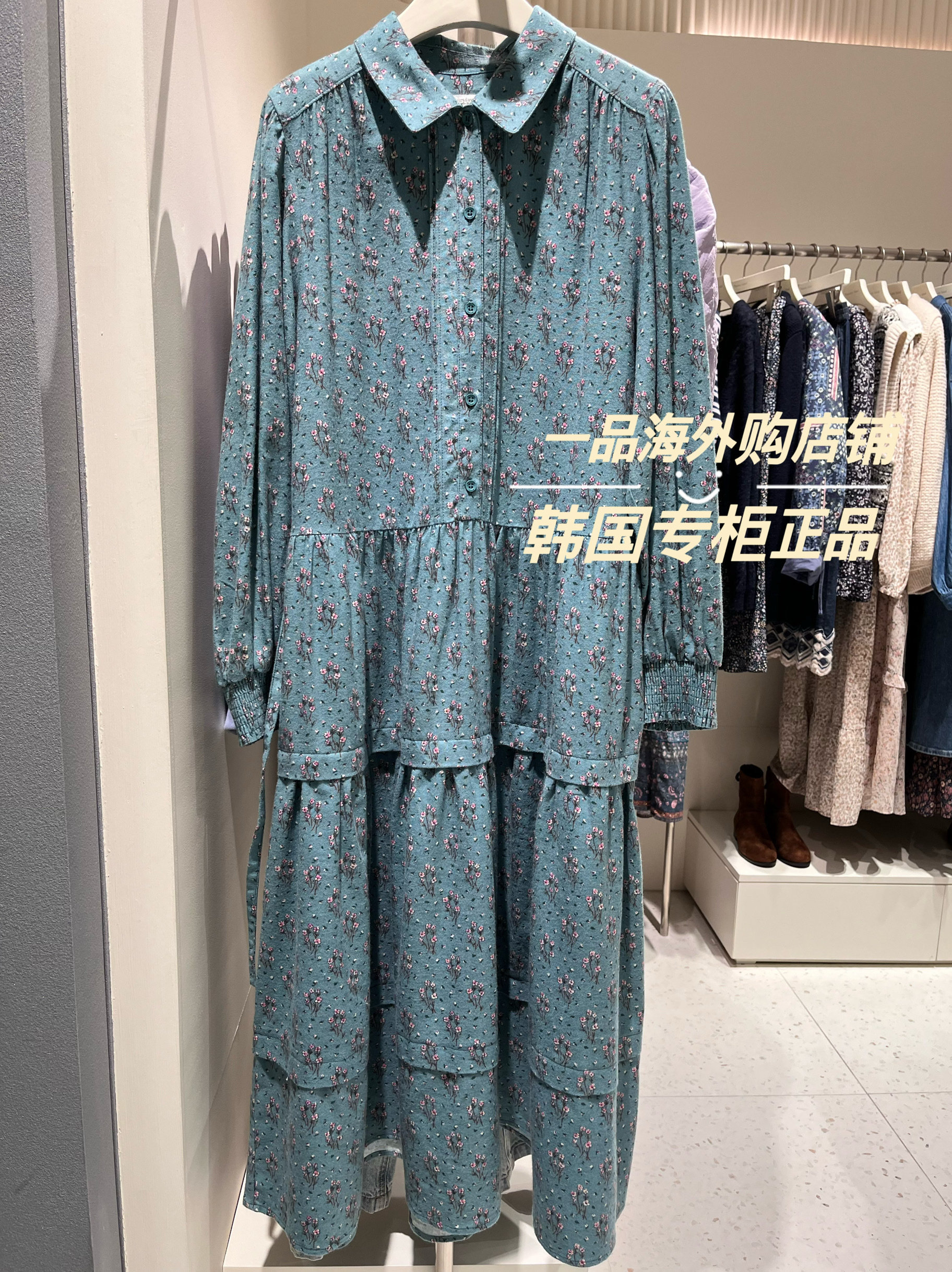 原～现货韩国THURSDAY森系小花翻领连衣裙磨毛长袖衬衣长裙腰带