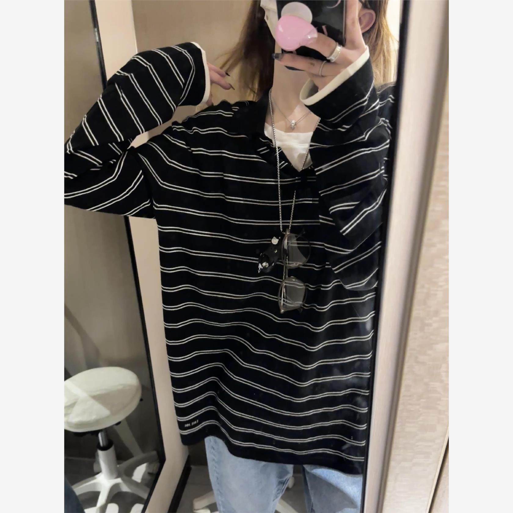 现货！韩国设计师25秋miu系翻领条纹针织衫天丝羊毛宽松Polo上衣,女装/女士精品,T恤,淘宝优惠券,粉丝福利购,淘宝优惠卷