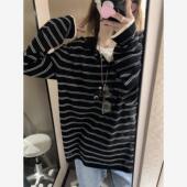 现货 韩国设计师25秋miu系翻领条纹针织衫 天丝羊毛宽松Polo上衣