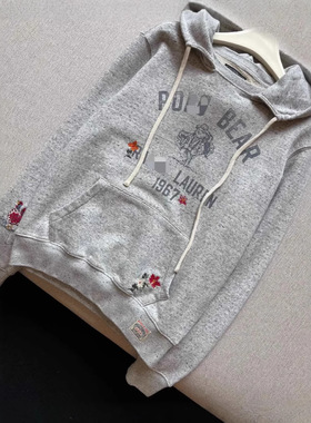 RL 24冬季新款美式重工刺绣雪花灰色印花连帽套头纯棉牛肚卫衣女