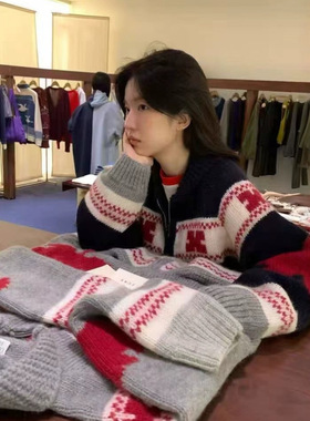 现货 韩国东大门FURE韩系慵懒百搭宽松拉链翻领针织开衫毛衣外套