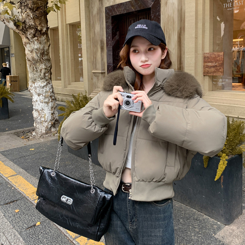 美式大毛领连帽羽绒棉服外套女冬季2025新款加厚短款面包服棉衣潮