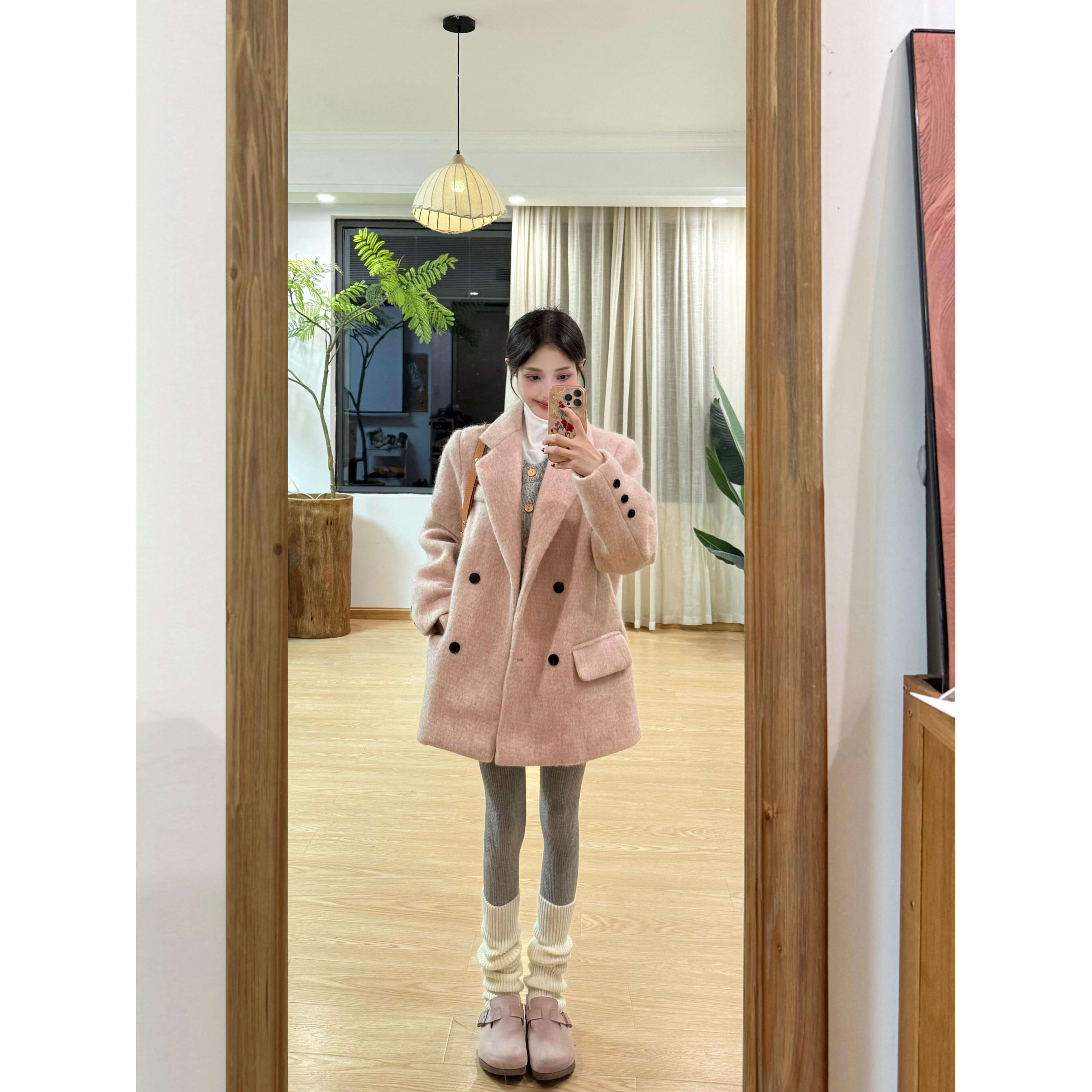 solo爆爆~暖棉质感~韩版高级感甜美温柔粉色西装双排扣毛呢外套