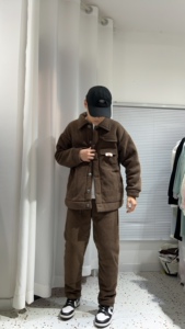 高品质男士冬季新款睡衣三层加厚加绒条绒翻领外穿家居服套装