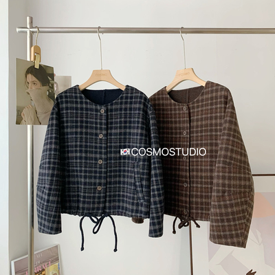 时髦休闲风！格子羊毛短外套