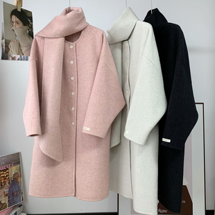 2025年冬 气质韩版 韩国东大门围巾款 双面羊毛呢子大衣外套女中长款