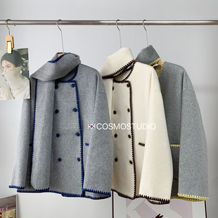 韩国东大门撞色双面羊毛呢子外套大衣女短款 带围巾小个子25冬季