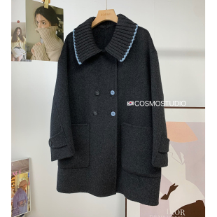 新款 韩国东大门针织娃娃领双面羊绒毛呢大衣外套女中长款 2025冬季