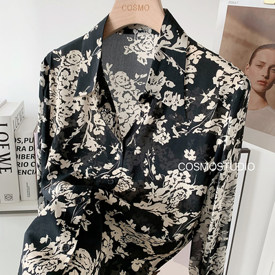 Z法式黑色印花真丝衬衫