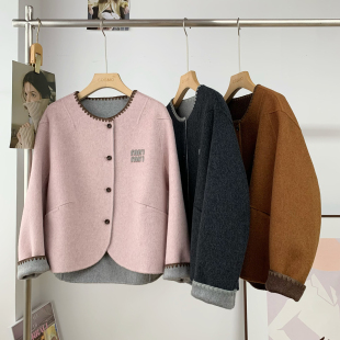 新款 韩国东大门双面羊毛呢子大衣女短款 小个子圆领双色2025冬季