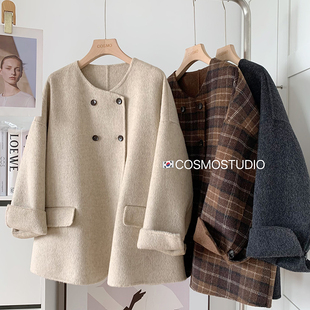 小个子2025冬季 韩国东大门气质围巾款 双面羊绒毛呢大衣外套女短款