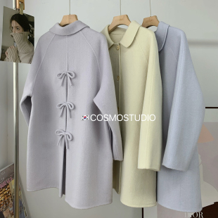 韩系甜美气质蝴蝶结双面羊毛呢子大衣外套女中长款 新 宽松显瘦冬季