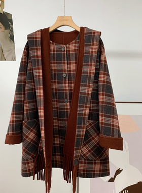 韩系红灰格子围巾披肩连帽双面羊毛呢子大衣外套女2025冬季新款