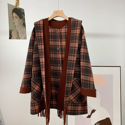 韩系~红灰格连帽围巾羊毛大衣