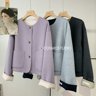韩国东大门紫色短款 双面羊毛呢子大衣外套女宽松显瘦小个子25新款