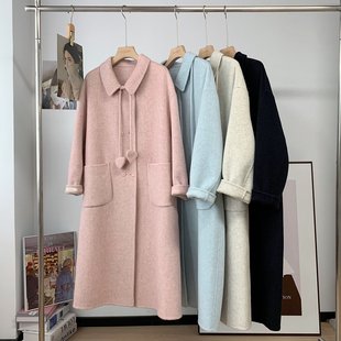 韩系娃娃领粉色双面羊毛呢子大衣外套女中长款 宽松韩系2025年新款