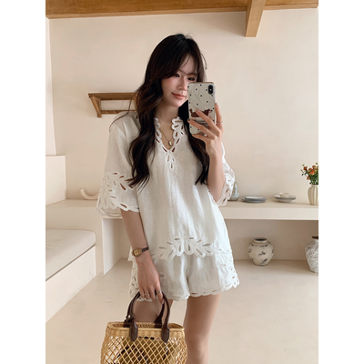 度假松弛感镂空刺绣100%亚麻套装女夏短袖短裤两件套老钱风慵懒感