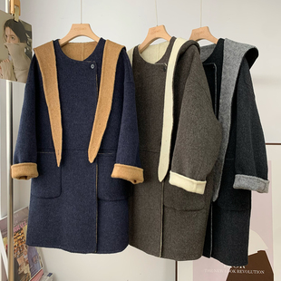 韩国东大门披肩连帽撞色双面羊毛呢子大衣外套女中长款 新 2025冬季