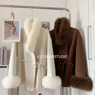 韩国东大门狐狸毛袖 秋冬 口围巾领系带双面羊绒毛呢大衣外套女短款