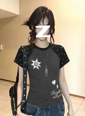 Lush Lumen春夏韩系波点拼接复古辣妹y2k修身显瘦短T恤短袖潮女