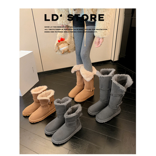 平底灰色雪地靴女2025冬新款薄底中筒加绒防滑东北棉鞋毛毛长筒靴