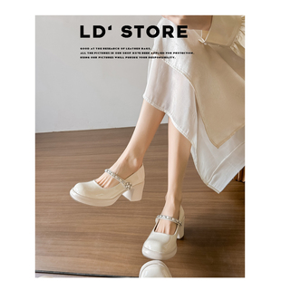 真皮~小香风法式玛丽珍高跟鞋女2026春新款链条白色厚底粗跟单鞋