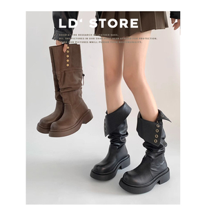 真皮~厚底内增高美拉德棕色长筒堆堆靴女秋西部靴两穿高筒骑士靴