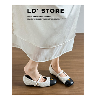 真皮~内增高山茶花玛丽珍鞋女2026新款平底一字带菱格芭蕾风单鞋