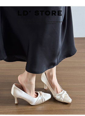 真皮~绝美方头绸缎秀禾细跟单鞋女春新款蝴蝶结婚鞋新中式高跟鞋
