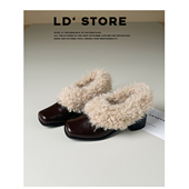 冬季 新款 玛丽珍小皮鞋 小个子粗跟复古方头毛毛鞋 加绒保暖雪地棉鞋