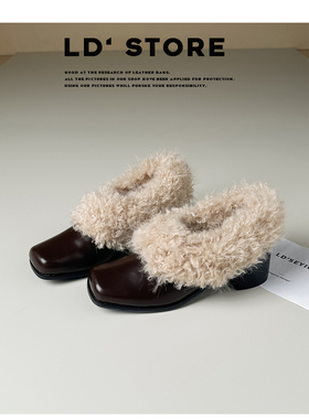 小个子粗跟复古方头毛毛鞋冬季新款玛丽珍小皮鞋加绒保暖雪地棉鞋