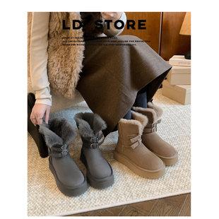 加绒保暖灰色厚底雪地靴女2025新款冬季防滑两穿短筒东北毛毛棉鞋