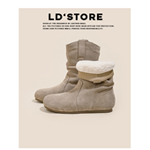 加绒棉鞋 牛皮版 内增高羊羔毛雪地靴女2024冬季 褶皱堆堆勃肯短靴