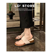 羊皮版 女夏外穿一字带平底休闲沙滩凉鞋 法式 厚底增高套趾凉拖鞋